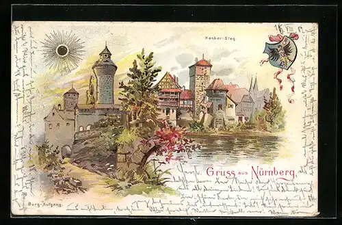 Sonnenschein-AK Nürnberg, Partie am Henker-Steg mit Burg-Aufgang