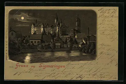 Mondschein-Lithographie Sigmaringen, Teilansicht mit Kirche vom Wasser aus