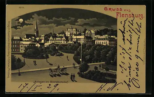 Mondschein-Lithographie Flensburg, Teilansicht mit Anlagen am Staatsbahnhof