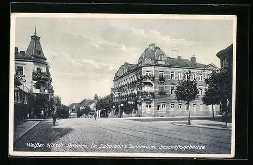 AK Dresden-Weisser Hirsch, Strassenpartie mit Dr. Lahmanns Sanatorium, Geschäftsgebäude