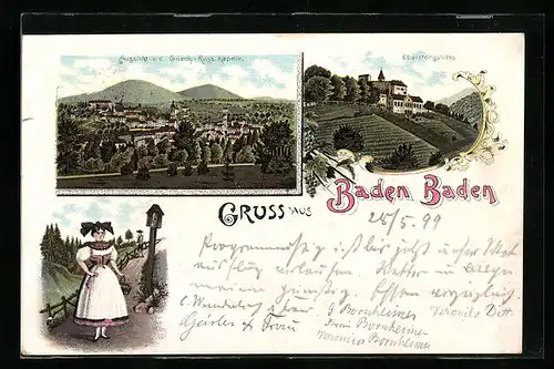 Lithographie Baden-Baden, Ortsansicht, Ebersteinschloss und Trachtenmädchen