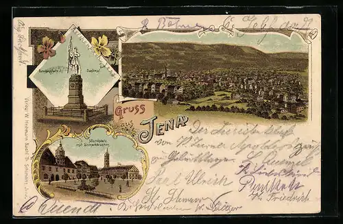 Lithographie Jena, Gesamtansicht, Burschenschafts-Denkmal, Marktplatz