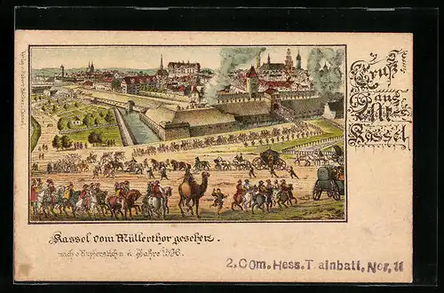 Lithographie Kassel, Ansicht der Stadt im Jahr 1596 vom Müllerthor aus