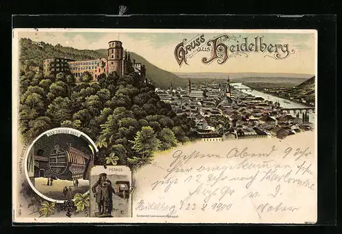 Lithographie Heidelberg, Ortsansicht mit Burg aus der Vogelschau, Perkeo und Grosses Fass