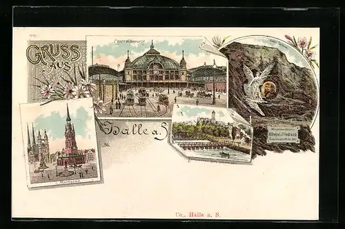 Lithographie Halle a. S., Centralbahnhof, Saalebrücken, Marktplatz