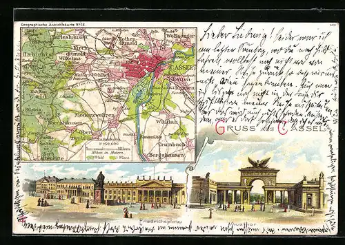 Lithographie Cassel, Landkarte mit Cassel und Umgebung, Friedrichsplatz und Auethor