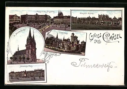 Lithographie Cassel, Post am Königsplatz aus der Vogelschau, Löwenburg, Friedrichsplatz