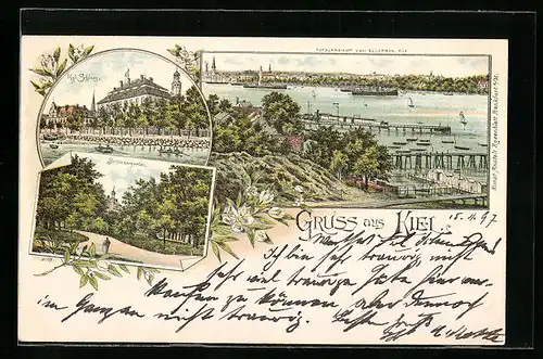 Lithographie Kiel, Totalansicht von Ellerbek aus, Schloss und Schlossgarten