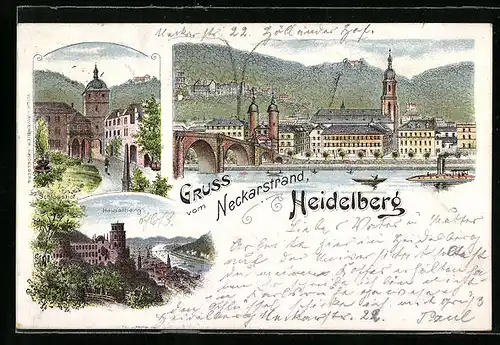Lithographie Heidelberg, Panorama mit Neckarbrücke, Strassenpartie, Ortsansicht aus der Vogelschau