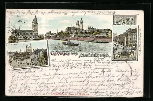 Lithographie Magdeburg, Panorama von der Elbe aus, Dom, Alter Markt
