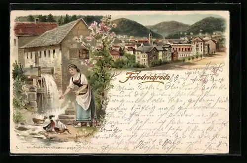 Lithographie Friedrichroda, Ortsansicht mit Strasse und Enten fütternder Einwohnerin vor einer Wassermühle