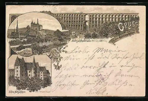 Lithographie Mylau, Kaiser Schloss Mylau, Shcloss Netzschkau, Göltzschthalbrücke mit Eisenbahn
