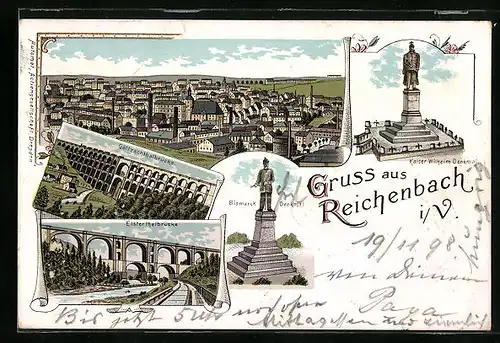 Lithographie Reichenbach i. V., Göltzschtalbrücke mit Eisenbahn, Elstertalbrücke, Bismarck-Denkmal