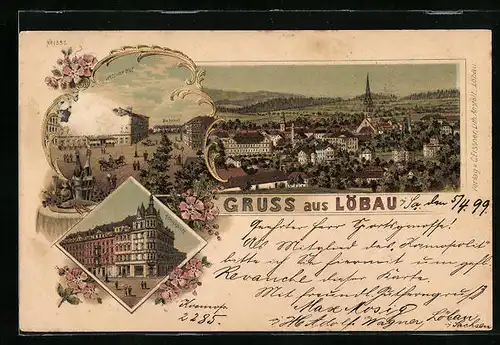 Lithographie Löbau, Hotel Wettiner Hof und Bahnhof, Königsplatz, Teilansicht