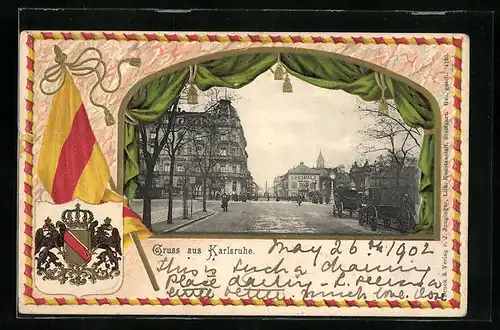 Passepartout-Lithographie Karlsruhe, Strassenpartie mit Hotel Germania, Wappen