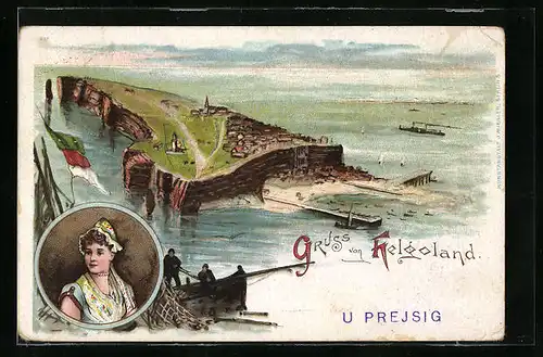 Lithographie Helgoland, Ortsansicht, Frau in Tracht