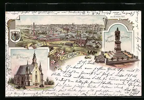 Lithographie Reichenbach i. V., Teilansicht, Kirche St. Tinitatis, Kaiser Wilhelm Denkmal enthüllt 1897