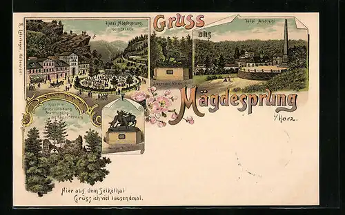 Lithographie Mägdesprung i. Harz, Hotel Mägdesprung, Ruine Heinrichsbrug Stammburg des Hauses Stolberg, Besiegter Hirsch