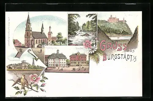 Lithographie Burgstädt i. s., Rathaus und Schule, Kirche, Taurastein