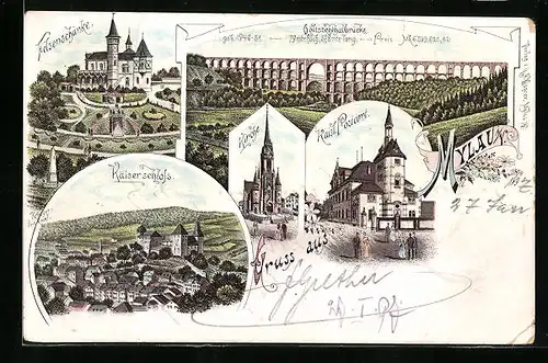 Lithographie Mylau i. V., Gasthaus Felsenschänke, Kaiserschloss, Kirche