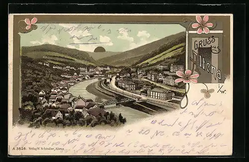 Lithographie Altena, Uferpartie mit Brücke