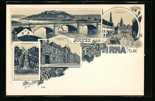 Lithographie Pirna a. Elbe, Kaiserliches Postamt, Marktplatz, Kriegerdenkmal