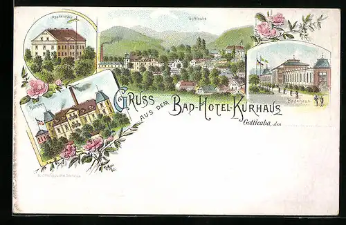 Lithographie Gottleuba, Bad-Hotel-Kurhaus, Restaurant, Badehaus