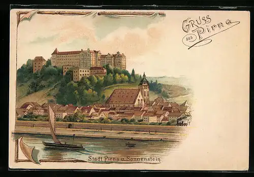 Lithographie Pirna, Teilansicht mit Sonnenstein