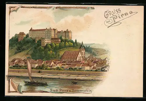 Lithographie Pirna, Teilansicht mit Sonnenstein