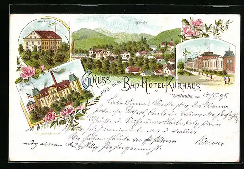 Lithographie Gottleuba, Bad-Hotel-Kukrhaus, Restauratn, Badehaus
