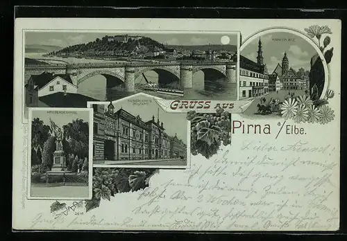 Mondschein-Lithographie Pirna a. Elbe, Kaiserliches Postamt, Marktplatz, Kriegerdenkmal