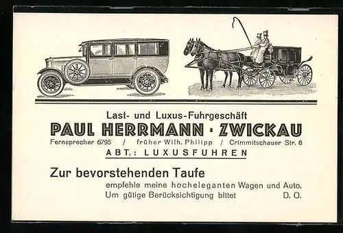 Künstler-AK Zwickau, Last- und Luxus-Fuhrgeschäft Paul Herrmann, Auto und Kutsche