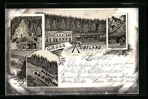 Lithographie Rübeland, Hermannshöhle, Eisenbahntunnel, Bahnhof