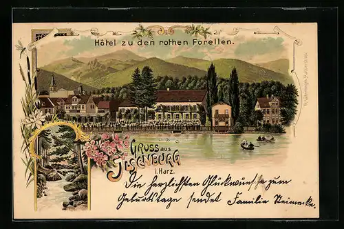 Lithographie Ilsenburg /Harz, Hotel zu den rothen Forellen, Wasserfall