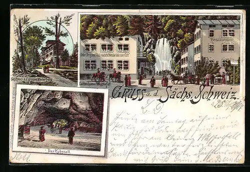 Lithographie Kirnitzschtal, Hotel Lichtenhainer Wasserfall, Gasthaus auf dem grossen Winterberg, Kuhstall
