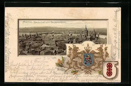 Passepartout-Lithographie Mainz, Totalansicht vom Stephansturm, Wappen