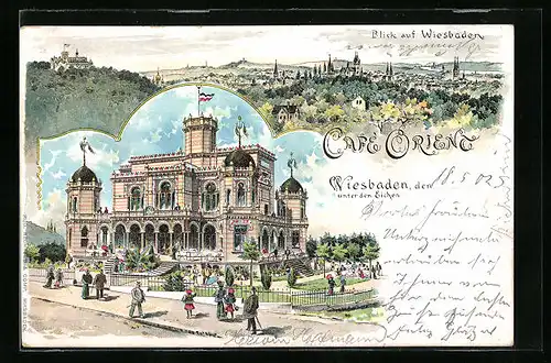 Lithographie Wiesbaden, Ortsansicht und Cafe Orient mit Anlagen