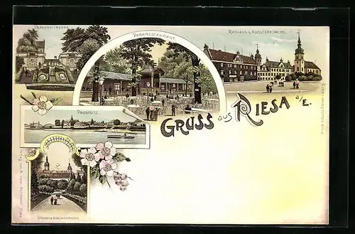 Lithographie Riesa, Parkrestaurant, Rathaus & Klosterkirche, Brandenburgerweg