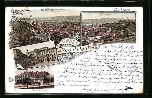 Lithographie Rudolstadt, Ortsansicht vom Hain, Markt, Rudolsbad