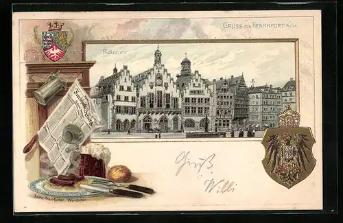 Passepartout-Lithographie Alt-Frankfurt, Partie am Römer, Stilleben mit Frankfurter Zeitung, Wappen