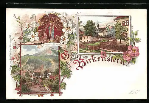 Lithographie Birkenstein, Ortspartie mit Kirche, Ortsansicht