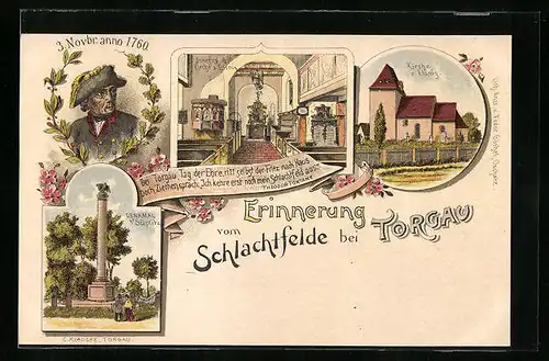 Lithographie Torgau, Erinnerung vom Schlachtfelde, Kirche z. Elsnig, Denkmal in Süptitz, Friedrich der Grosse