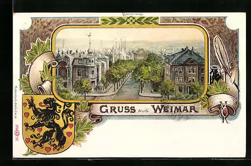 Passepartout-Lithographie Weimar, Panorama der Stadt und Wappen