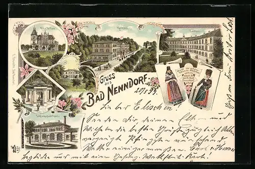 Lithographie Bad Nenndorf, Kurhaus, Villa Dr. Ewe, Schlammbadehaus, Trinkquelle