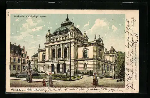 Lithographie Rendsburg, Stadthalle und Springbrunnen