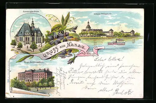 Lithographie Hanau, Schloss Philippsruhe, Französische Kirche, Zeichen-Akademie