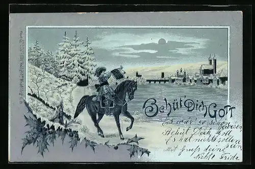 Lithographie Säckingen, Trompeter vor der Stadt im Winter, Behüt Dich Gott