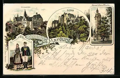 Lithographie Marburg, Universität, Schloss, Paar in Tracht