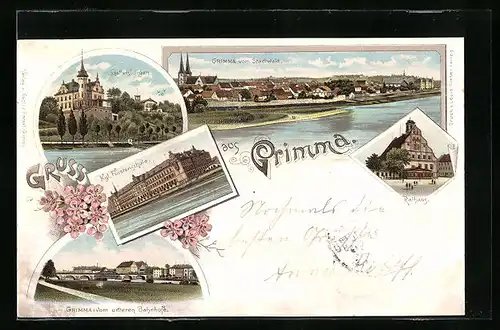Lithographie Grimma, Ortsansichtvom Stadtwald aus, Gattersburgen, Ortsansicht vom unteren Bahnhof