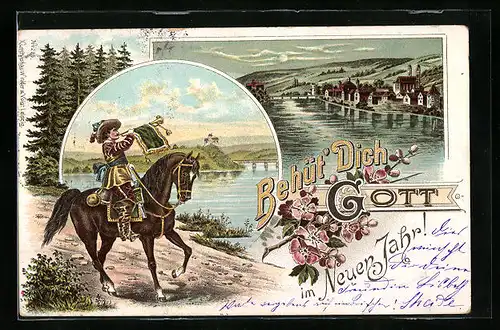 Lithographie Säckingen, Ortsansicht bei Vollmond, Trompeter, Neujahrsgruss